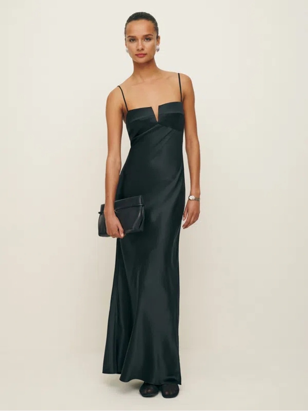 Reformation 10 Brie Black Silk Maxi Dress V Neck